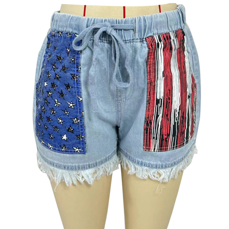 Dame Denim-shorts med patriotiske lommer og afslappet kant Stilla