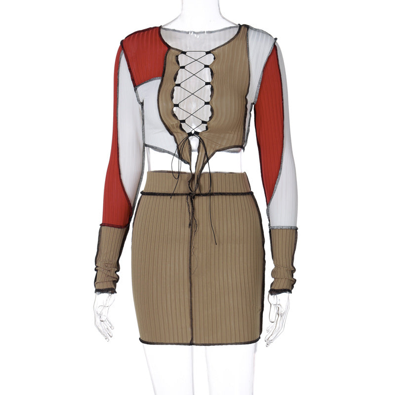 Dame Crop-Top og nederdel sæt med iøjnefaldende kontrastpaneler og snørrelook Stilla