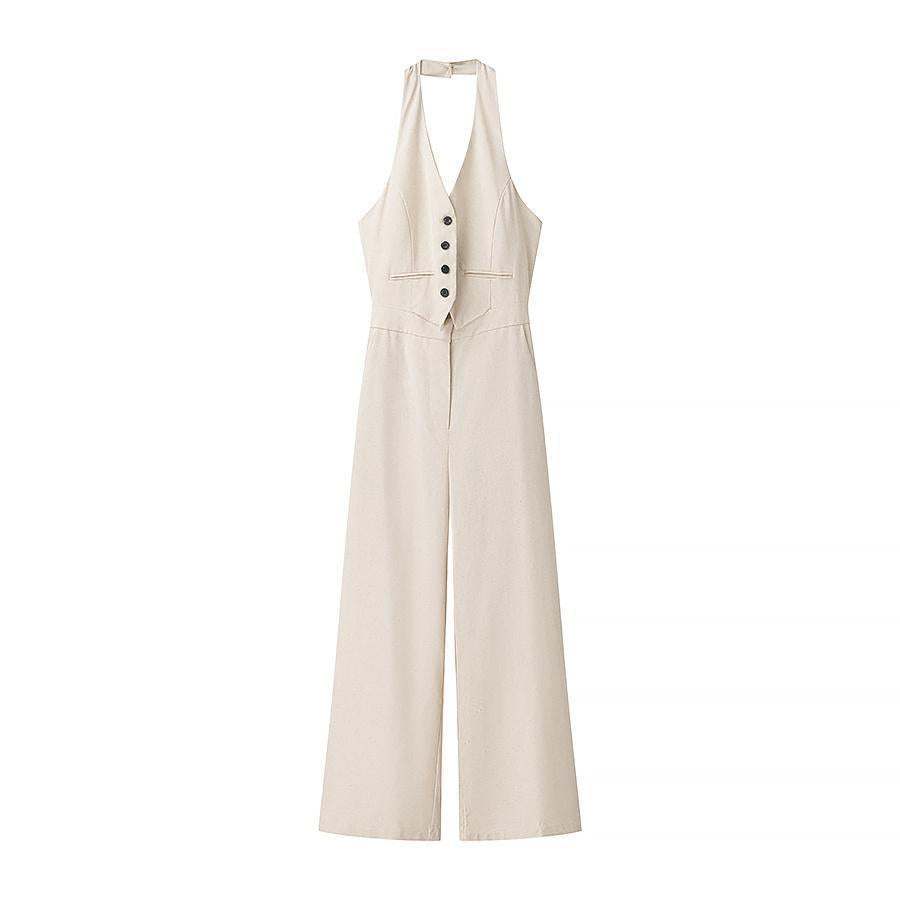 Femme Målsyet Halterneck Jumpsuit med Knapdetaljer Stilla