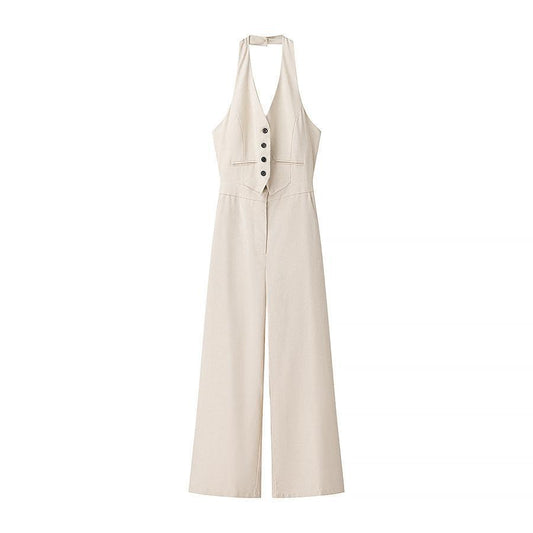 Femme Målsyet Halterneck Jumpsuit med Knapdetaljer Stilla