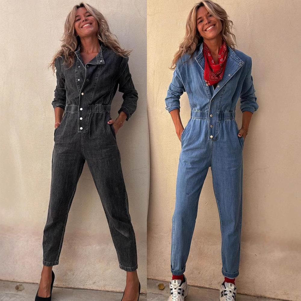 Dame Denim Jumpsuit med figursyede detaljer og praktiske lommer Stilla
