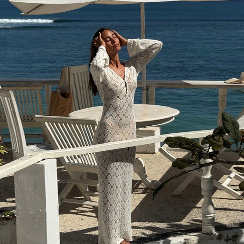 Dame Elegant Åben Strik Maxikjole Stilla