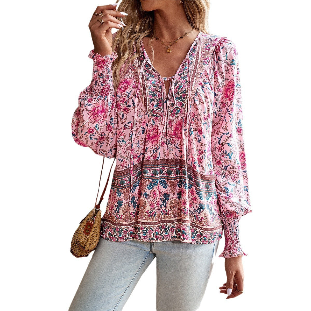 Dame elegant bluse med florale applikationer og afslappet snit Stilla