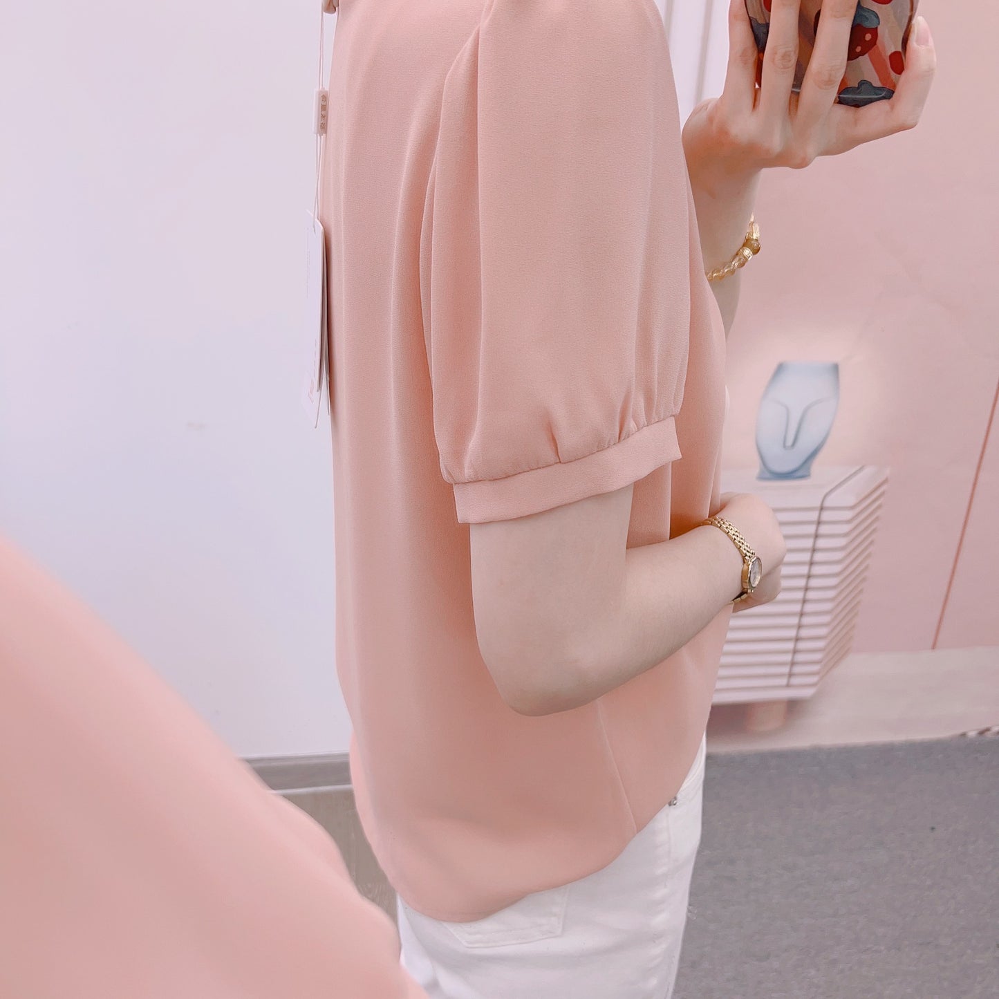 Dame Elegant Bluse med Sløjfe Krave og Perle Detaljer Stilla