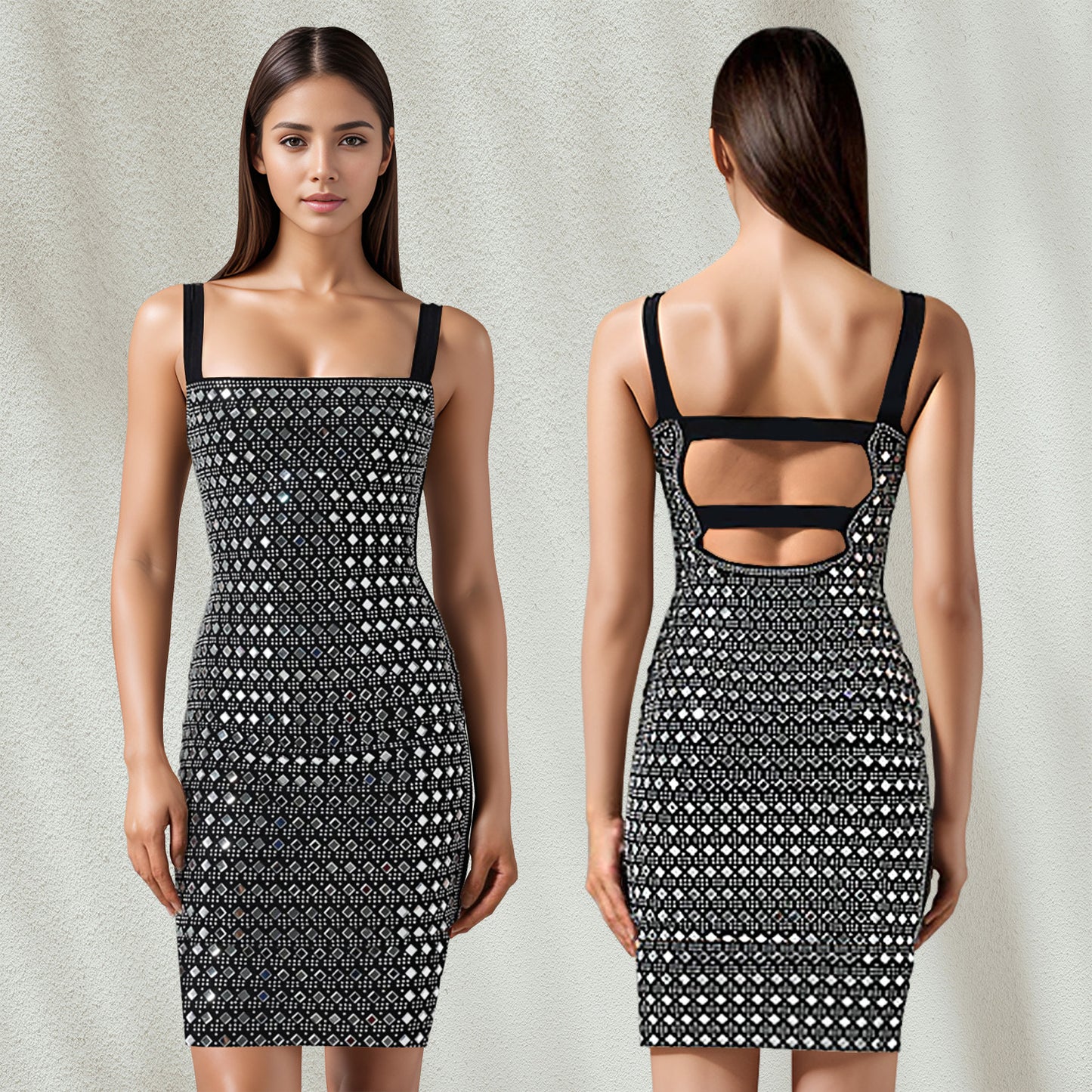 Dame Elegant glitrende minikjole med detaljerede rhinestone-applikationer og forførende udskæring Stilla