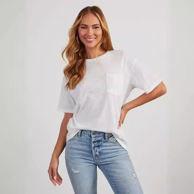 Dame afslappet oversized T-shirt med brystlomme og høj kvalitets bomuldsblanding Stilla