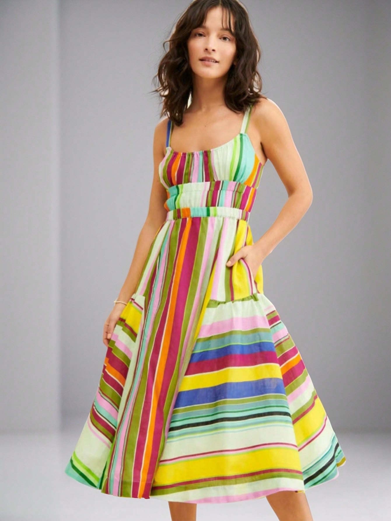 Dame A-linje Sommer Midi Kjole med justerbare stropper og livligt stribemønster Stilla