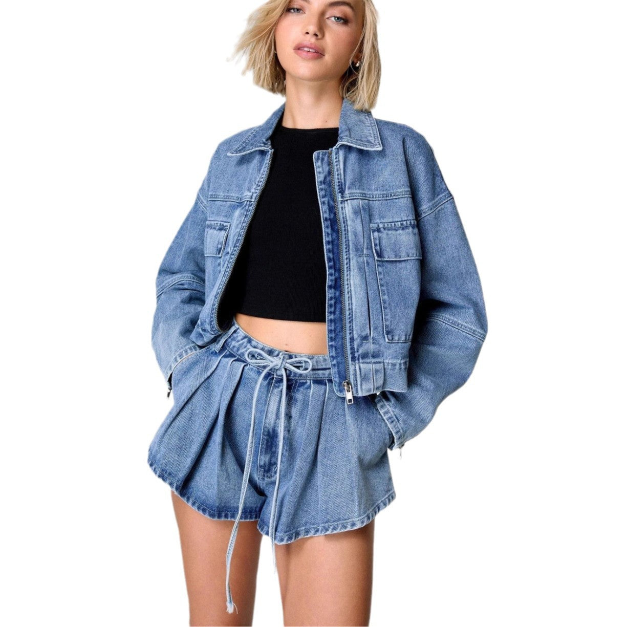 Dame Denim Shorts med komfortabelt gummibånd og moderigtige folder Stilla