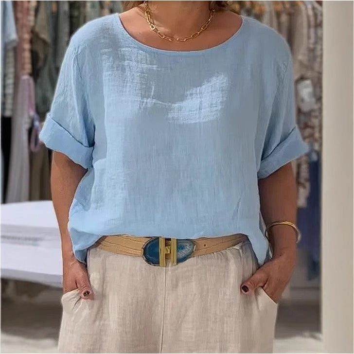 Dame afslappet linenbluse med omslagbare ærmer og elegant rundhalset udskæring Stilla