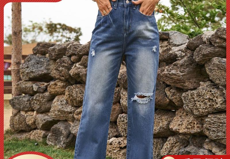 Dame High-Waist Jeans med Destroyed-detaljer og bredt ben Stilla