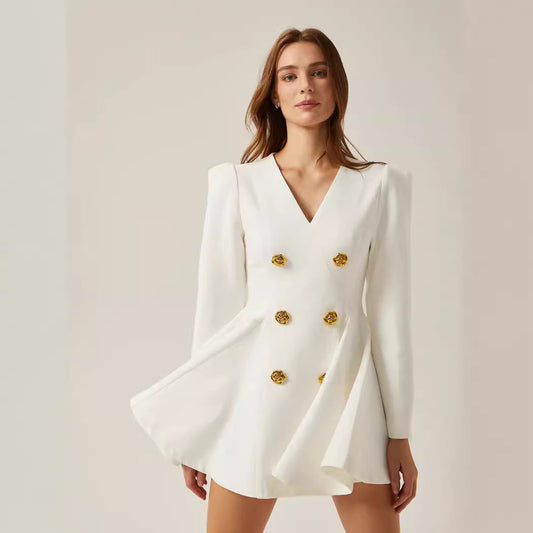 Dame elegant blazer-kjole med dobbelt knaplukning og svingende skørt Stilla