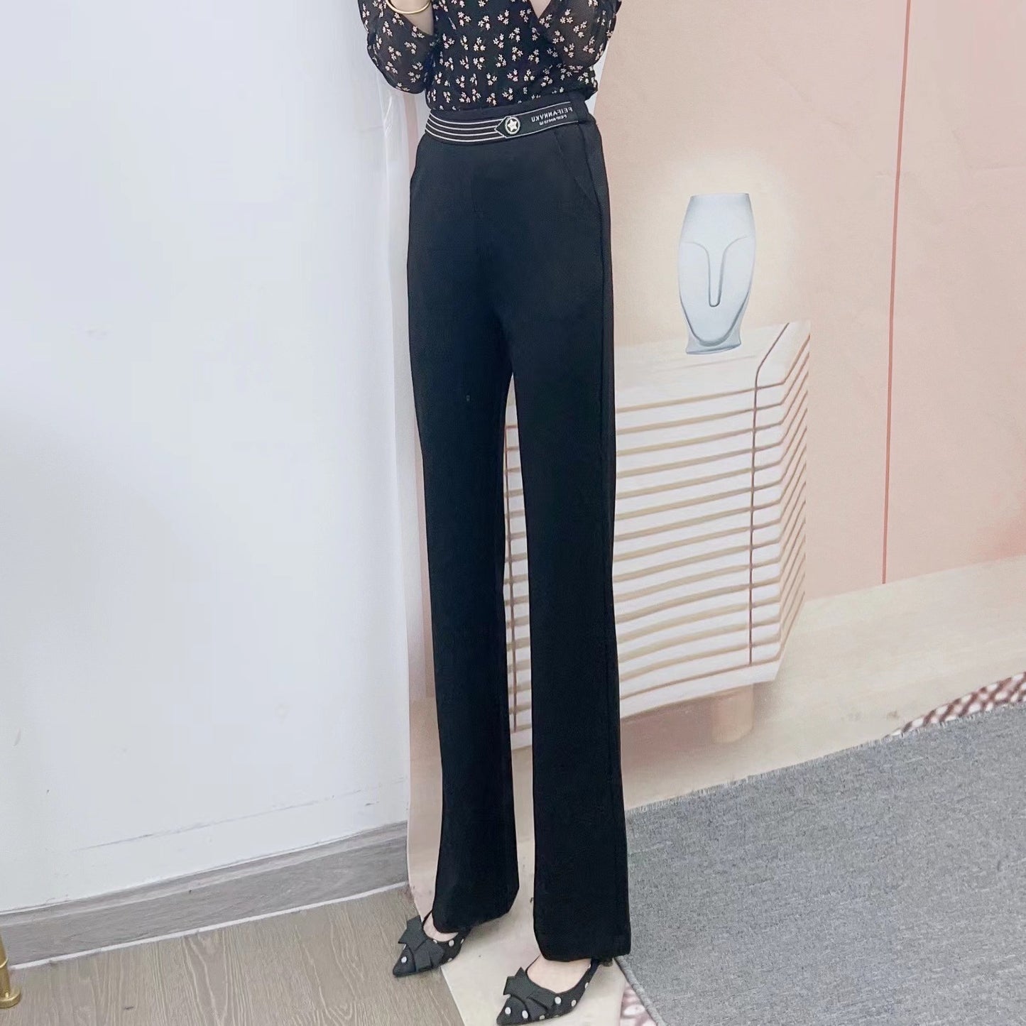 Dame elegant høj talje stofbuks med bredt ben og moderne bælte Stilla