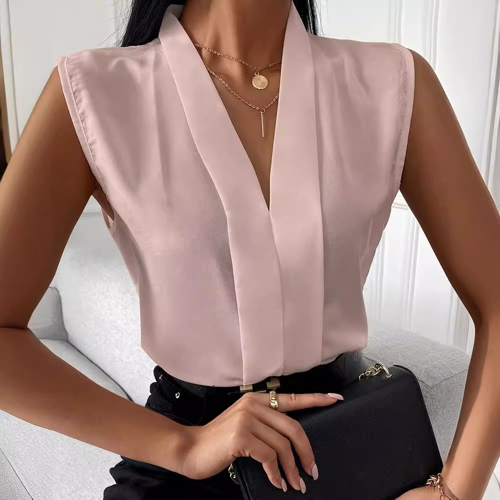 Dame elegant bluseshirt med dyb V-udskæring og glat fald Stilla