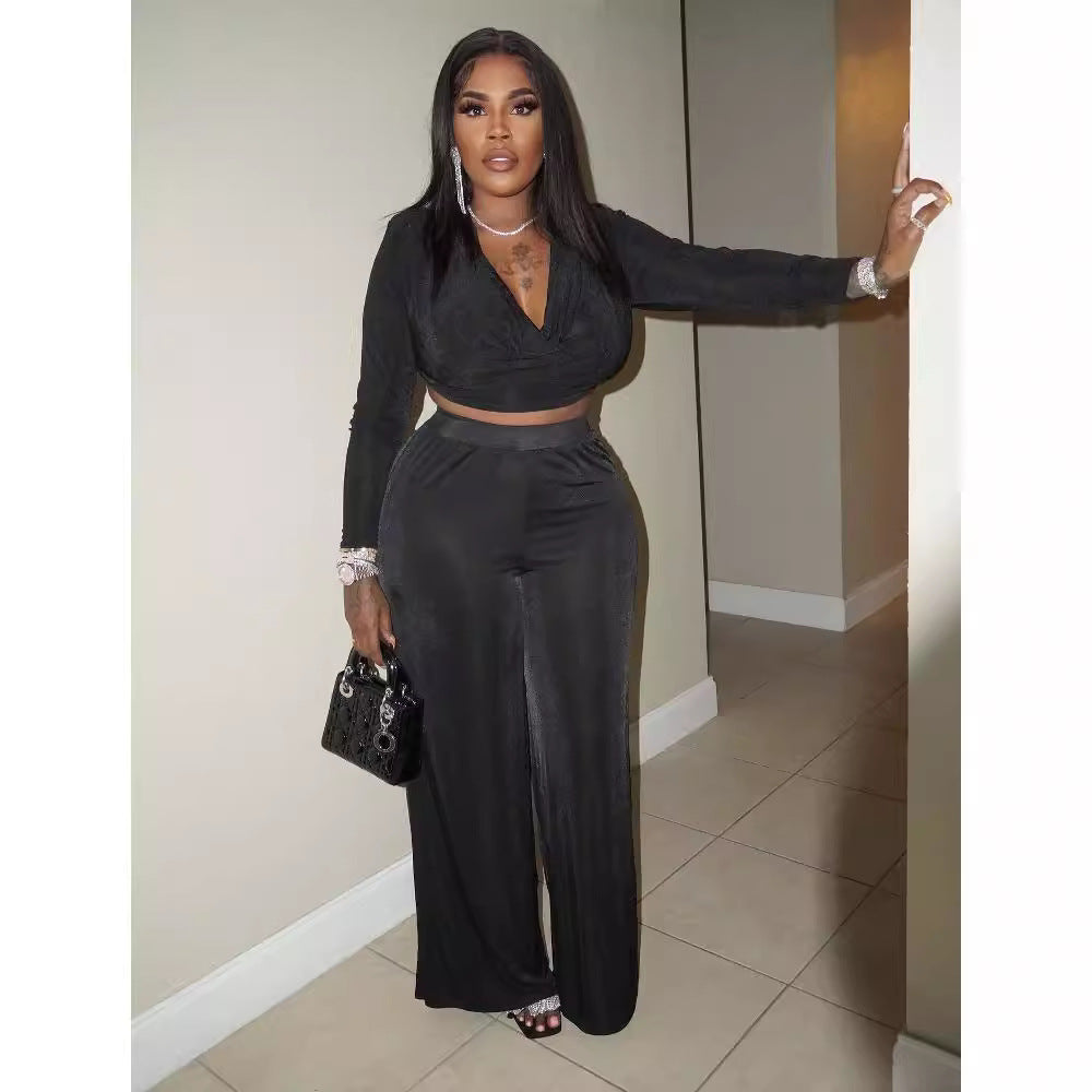 Dame Elegant Crop-Top og bredt skåret Bukser Sæt Stilla