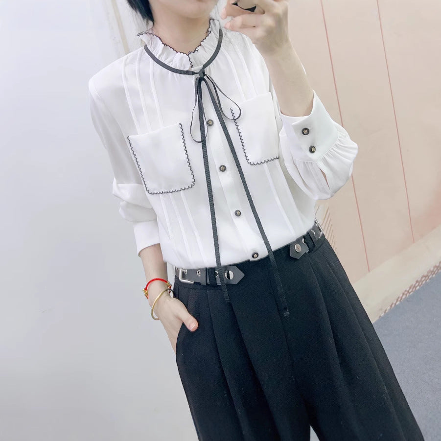 Dame elegant bluse med flæsedetaljer og fashionable bindebånd Stilla