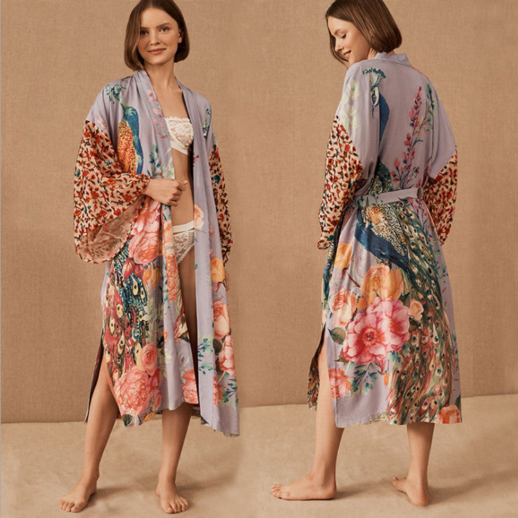 Dame elegant Kimono-Style Morgenkåbe med blomstermotiv Stilla