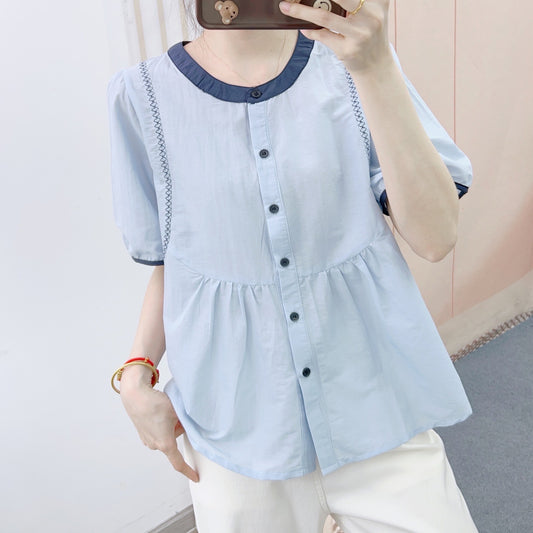 Dame elegant bluse med broderet krave og afslappet snit Stilla