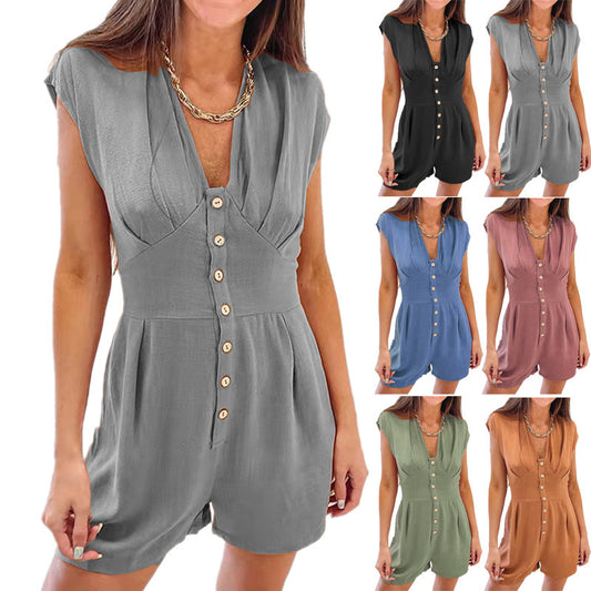 Dame Let sommer-jumpsuit med dyb V-udskæring og elegant knapliste Stilla