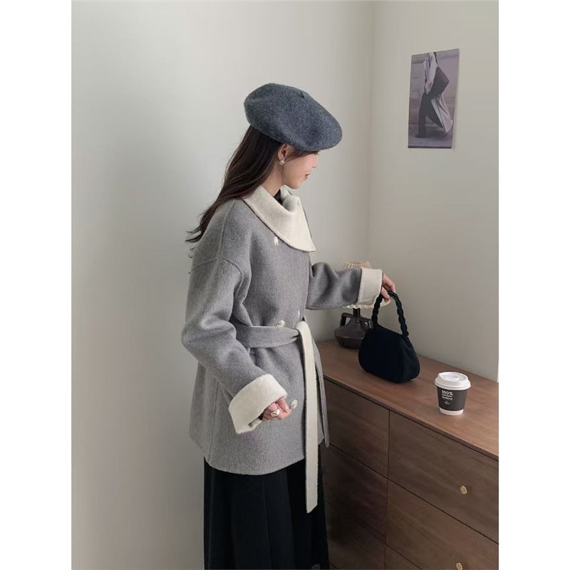 Dame dobbeltknappet uldblandingsfrakke med kontrastkrave Stilla