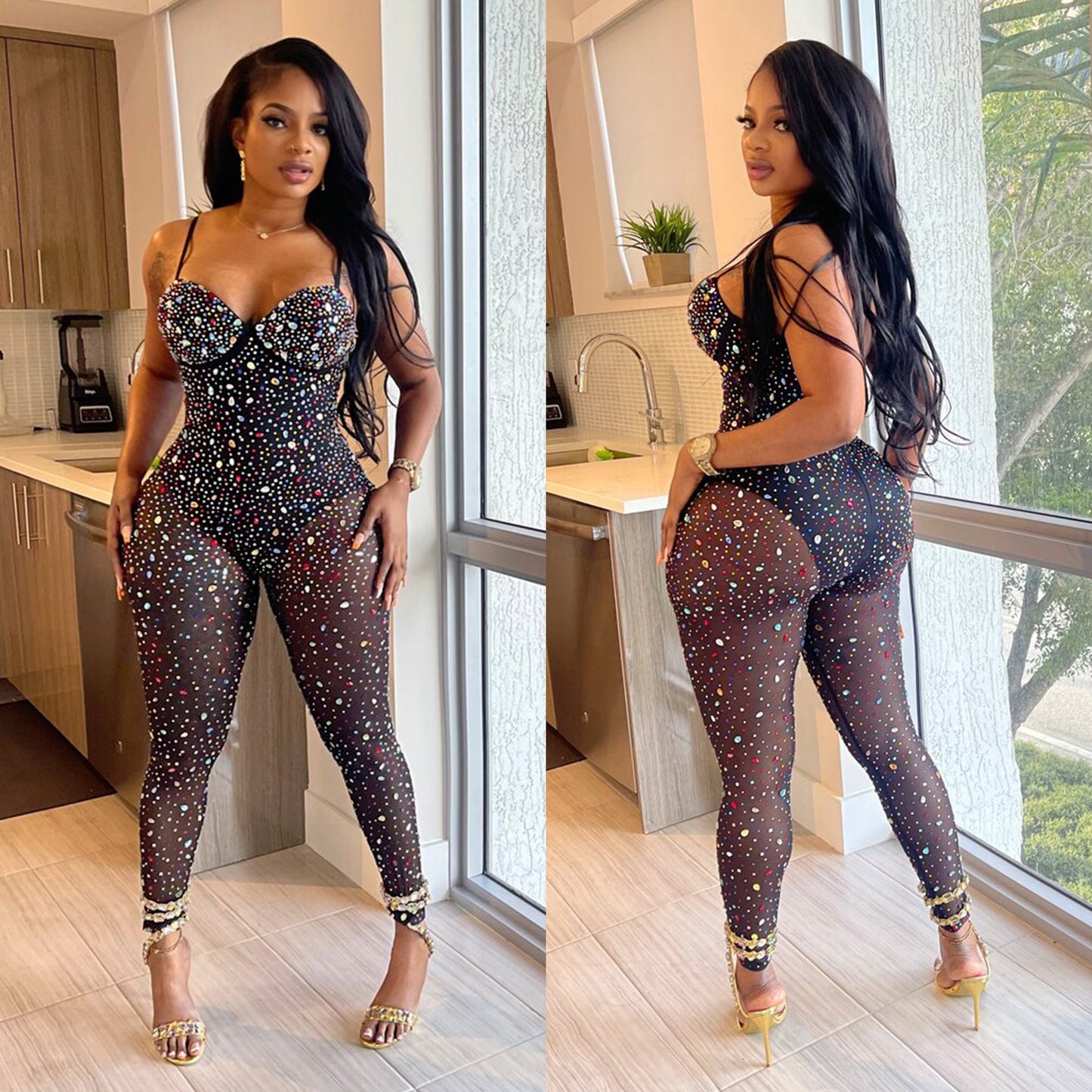 Dame Glamourøs Bodycon Jumpsuit med strass-applikationer og forførende, elastiske ben Stilla