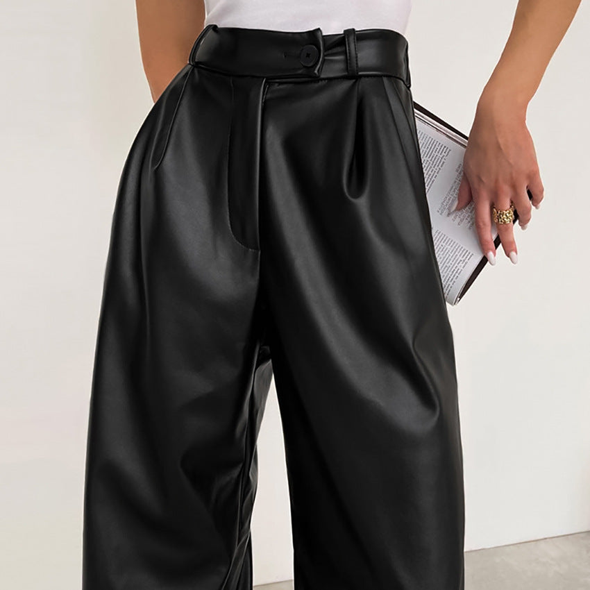 Dame Elegant Høj Talje Kunstlæderbukser med Bred Ben og Bælte Stilla