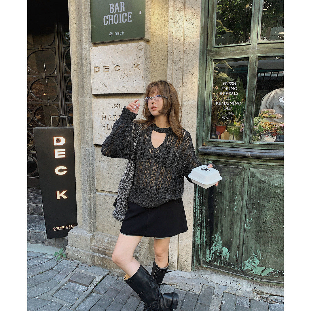 Dame afslappet oversized strikpullover med bølgemønster og fashionable udskæring Stilla