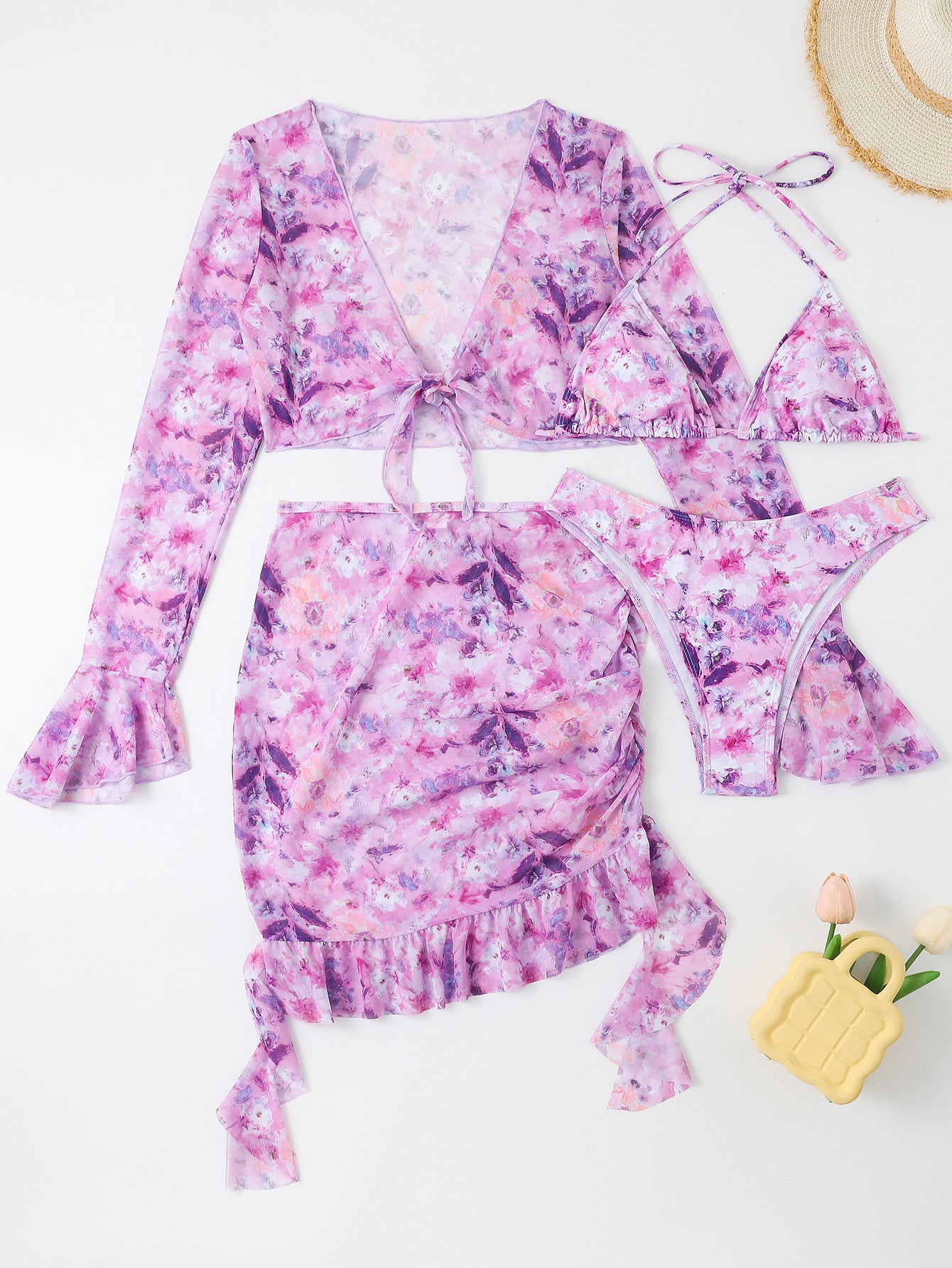 Dame blomsterprint bikini sæt med gennemsigtigt top og voluminøs nederdel Stilla