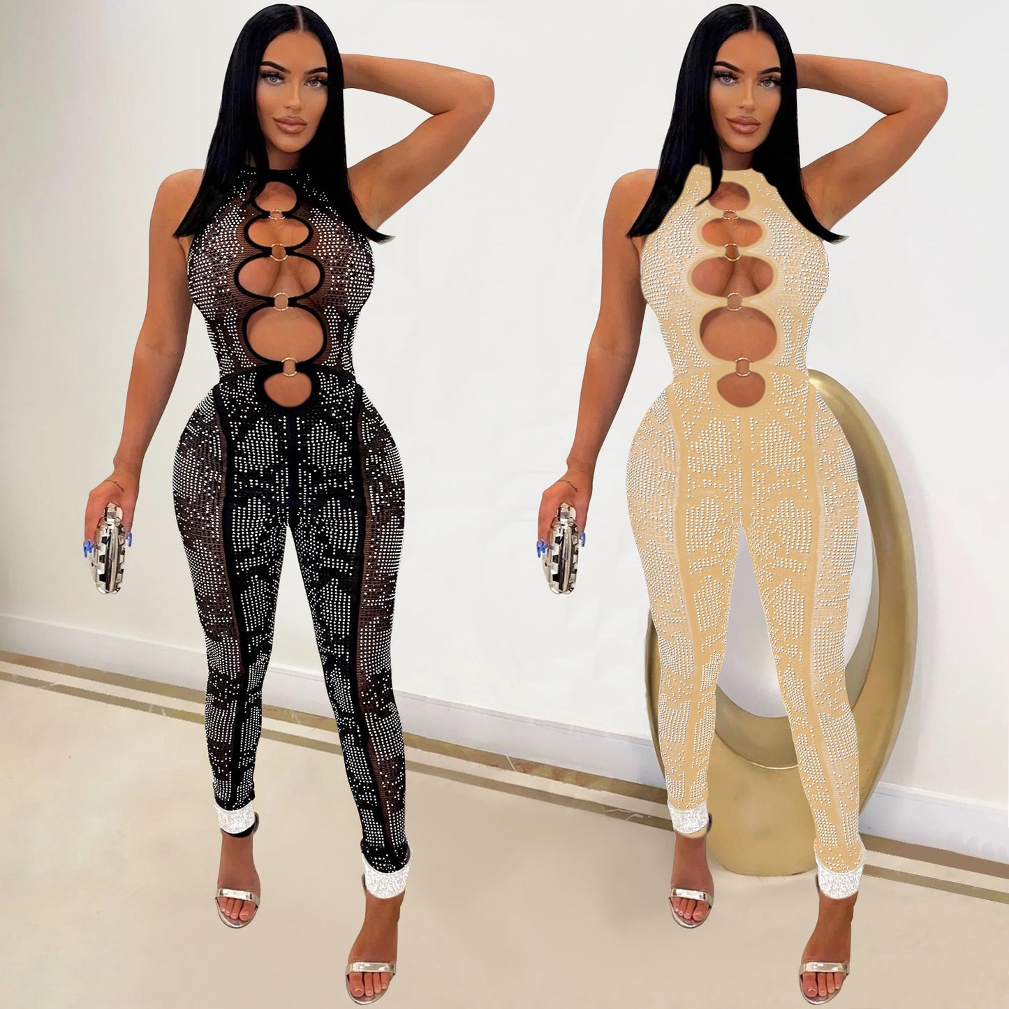 Dame Glamourøs Bodycon Jumpsuit med forførende cut-out-detaljer og glitrende accenter Stilla