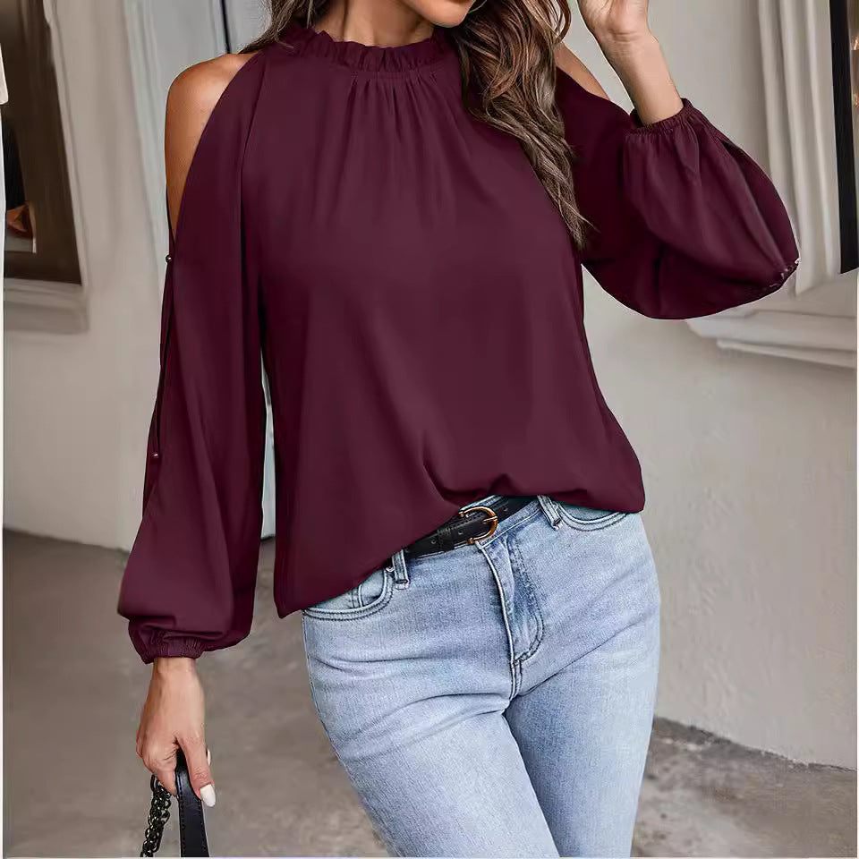 Dame elegant bluse med kold skulder design og flæsekrave Stilla