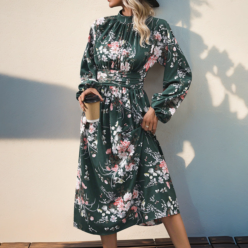 Dame Elegant Floral Midi Kjole med Puffærmer Stilla