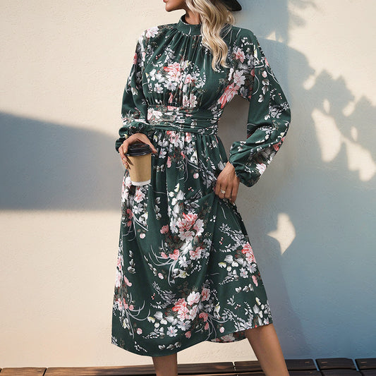 Dame Elegant Floral Midi Kjole med Puffærmer Stilla