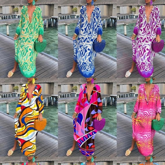 Dame afslappet strandkjole med dyb V-hals og moderne mønstre Stilla