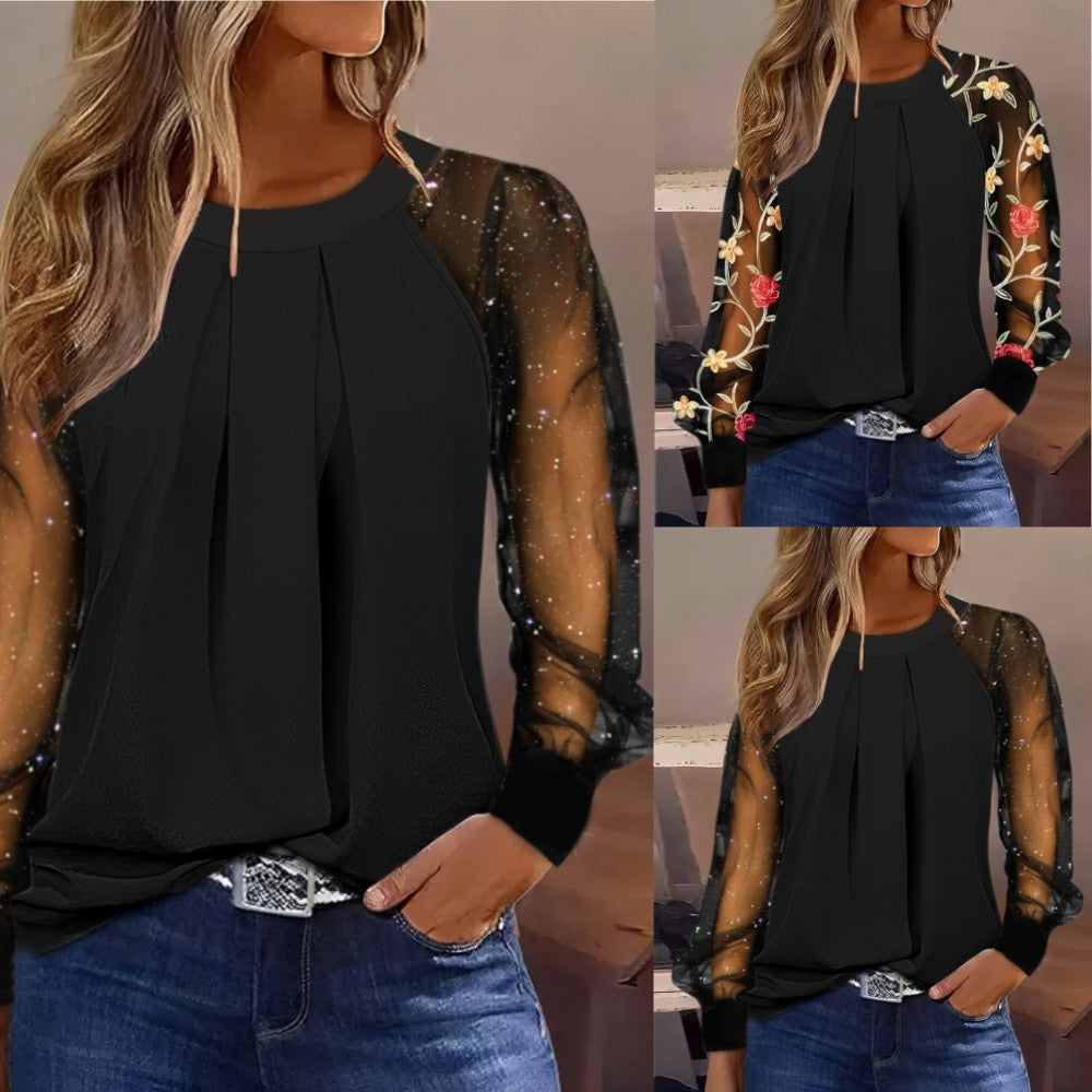 Dame elegant bluse med florale broderier Stilla