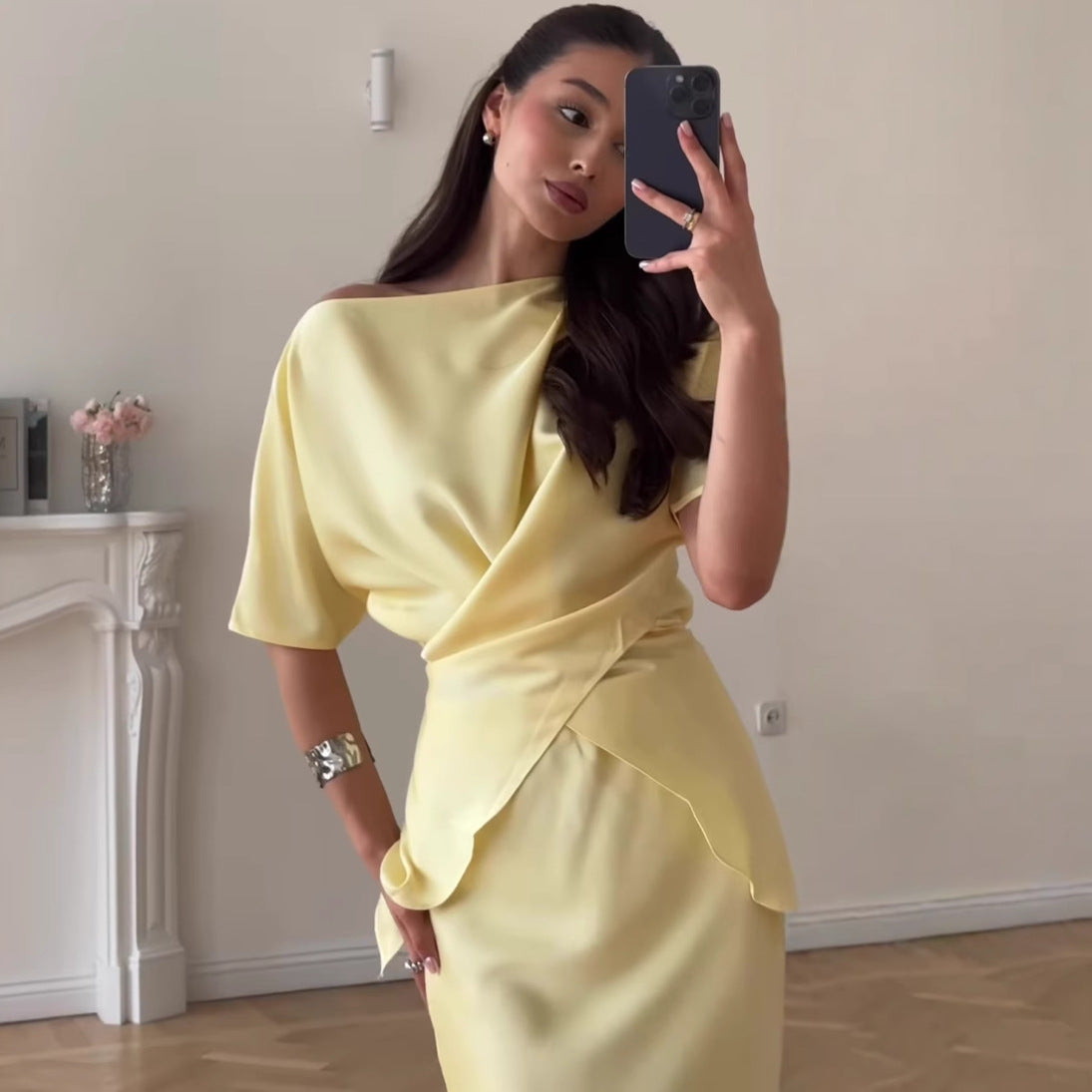 Dame Elegant Draperet Midi-Kjole Stilla