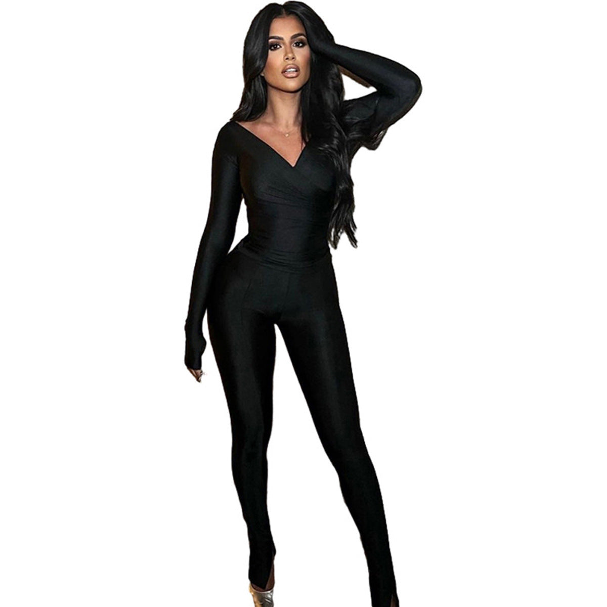 Dame glamorøs langærmet jumpsuit i v mostrando stil med figursyet snit Stilla