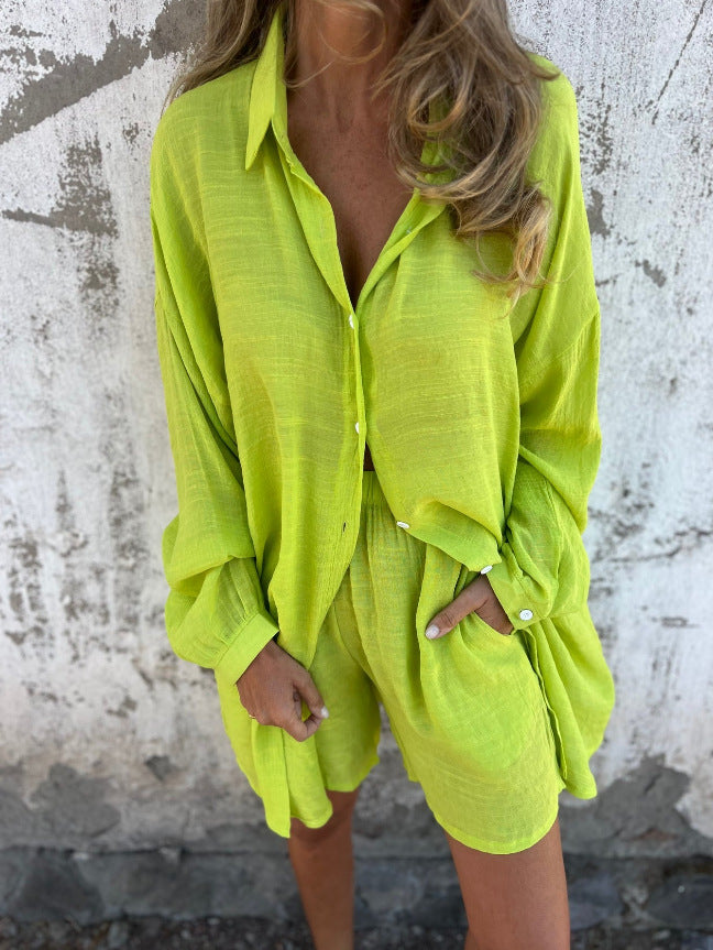 Dame afslappet bluse-shorts-sæt med oversized snit og luftig tekstur Stilla