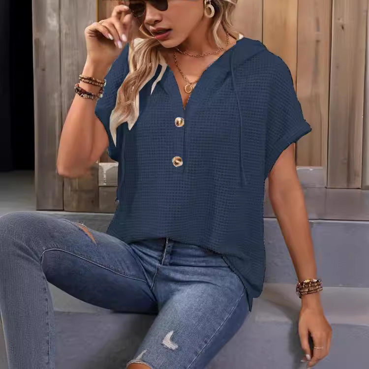 Dame afslappet kortærmet skjorte med knaplukning og hætte Stilla