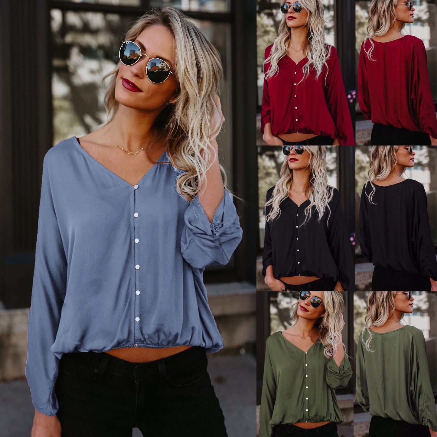 Dame afslappet bluse top med V-hals og knapdetaljer Stilla