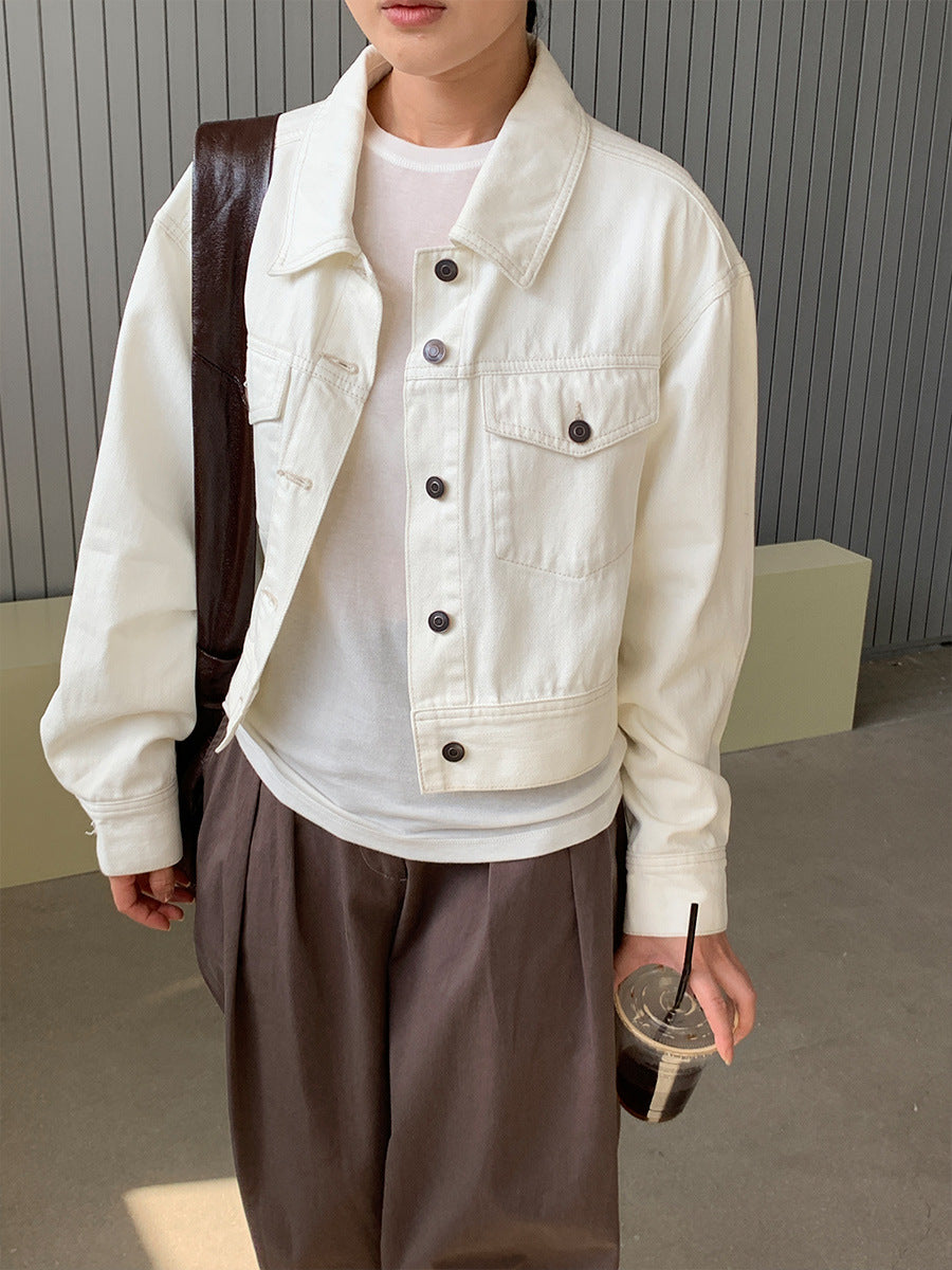 Dame Cropped Denimjakke med høje lommer og moderne knaplukning Stilla