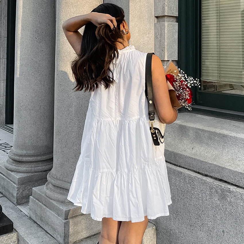 Dame afslappet sommerkjole med voluminøst skørt og højtstående krave Stilla