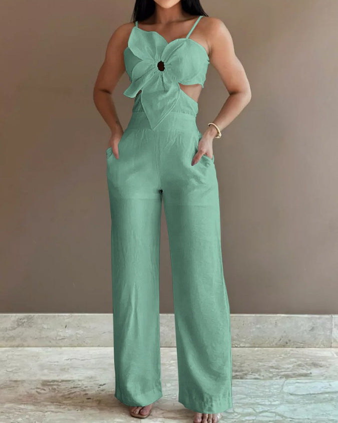 Dame jumpsuit med floral cut-out og brede ben Stilla