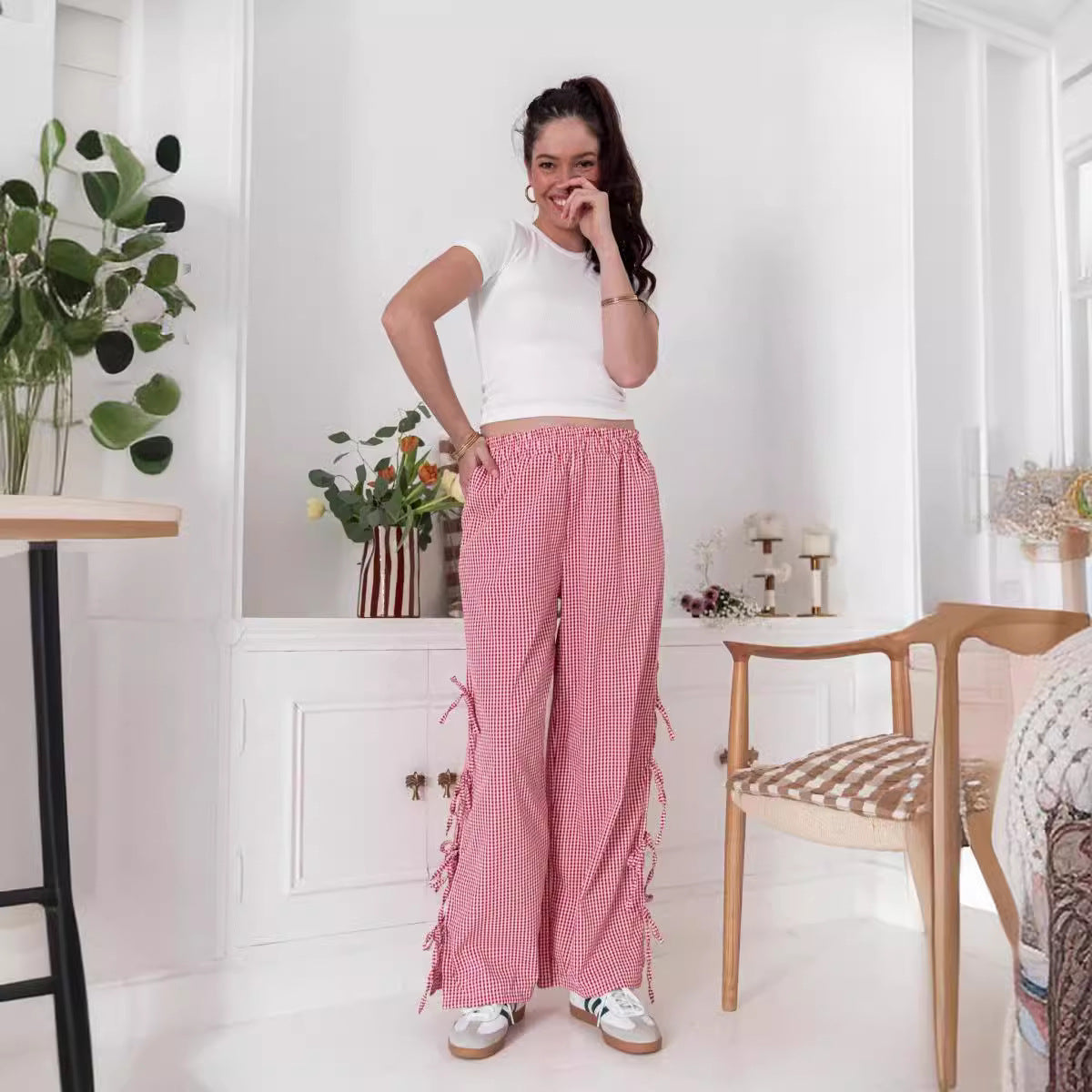 Dame afslappede ternet bukser med elastisk liv og frynset detaljer Stilla