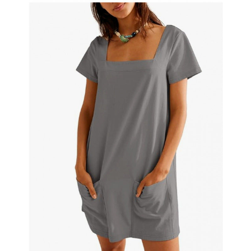 Dame afslappet fritidskjole med firkantet udskæring og praktiske lommer Stilla