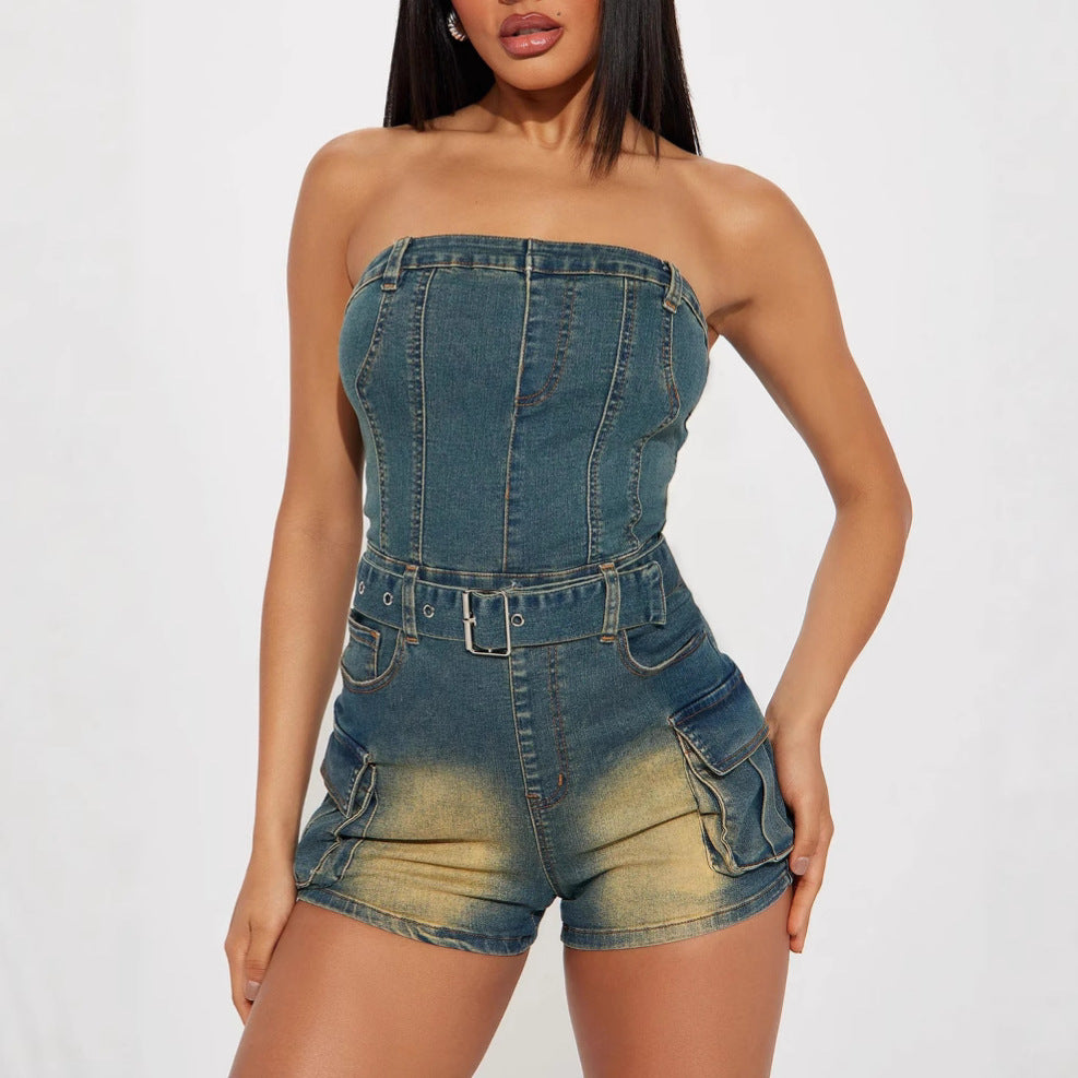 Dame Denim-Overall med båndløs pasform og praktiske lommer Stilla