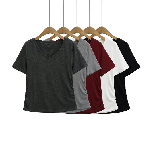 Dame afslappet kortærmet V-hals T-shirt med ruching Stilla