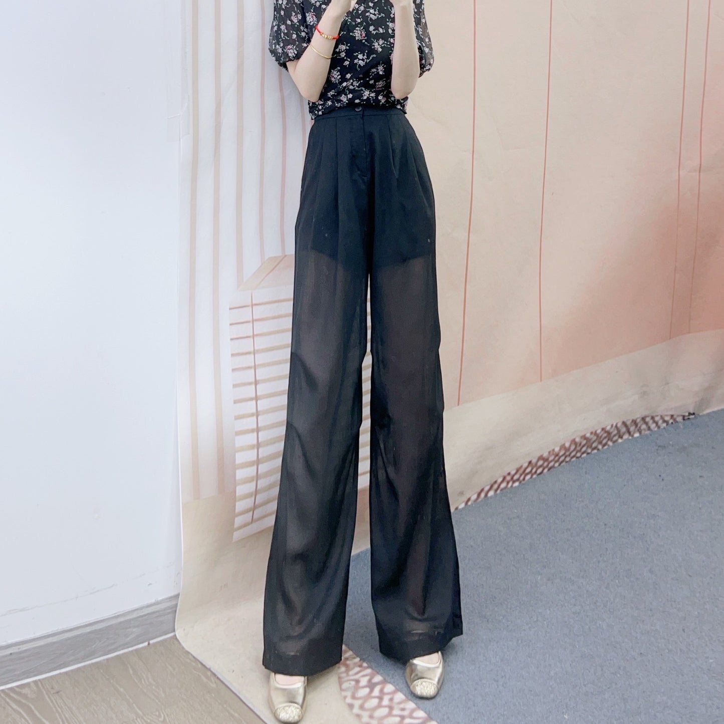 Dame elegant bredskåret bukser med gennemsigtige elementer Stilla