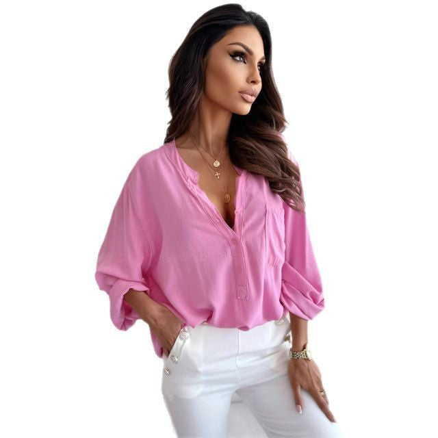 Dame afslappet bluse med knapliste Stilla