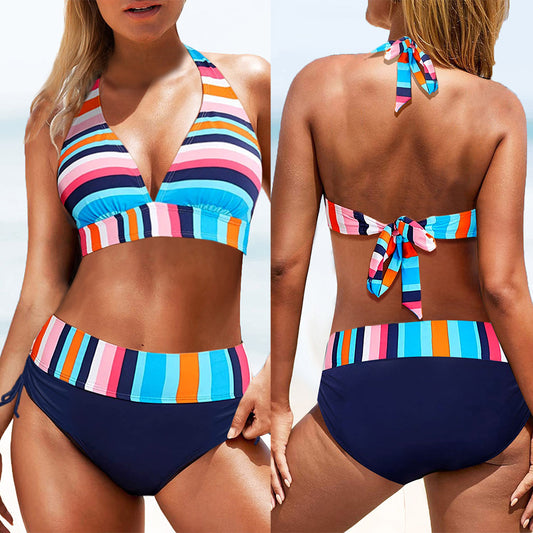 Dame bikini-top med nostalgisk stribemønster og justerbar halter Stilla