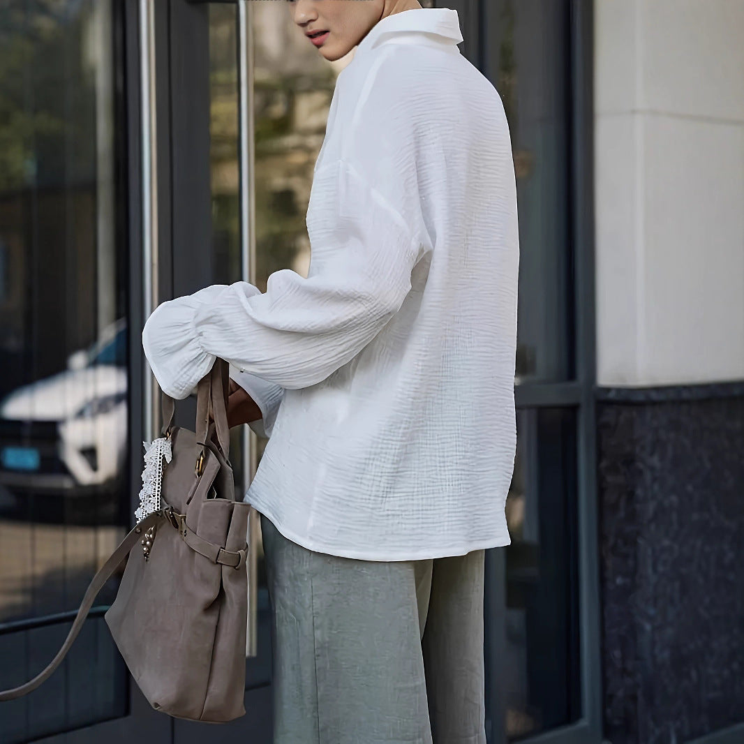 Dame afslappet bluse med struktureret mønster og opklappelige ærmer Stilla