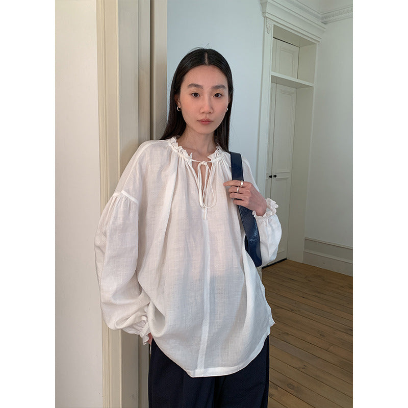 Dame afslappet bluse shirt med detaljeret snøre og puffærmer Stilla